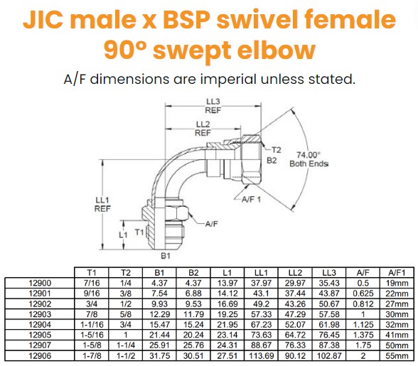7/16 JIC x 1/4 BSP M/F 90° Swept Hydraulic Adaptor